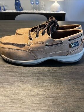 Rockport Works Men's Brown Leather Steel Toe Boat Shoes with Dark Brown Laces